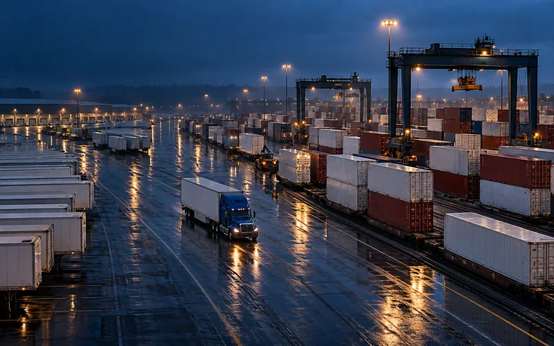 Illustrative freight terminal at blue hour